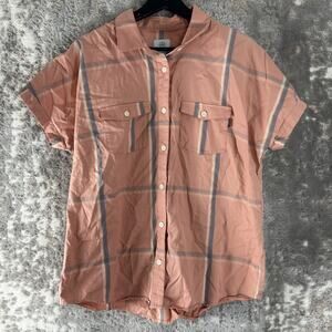 Flylow Size XL Checker Casual Button Top Pink Short Sleeve Collar Cotton